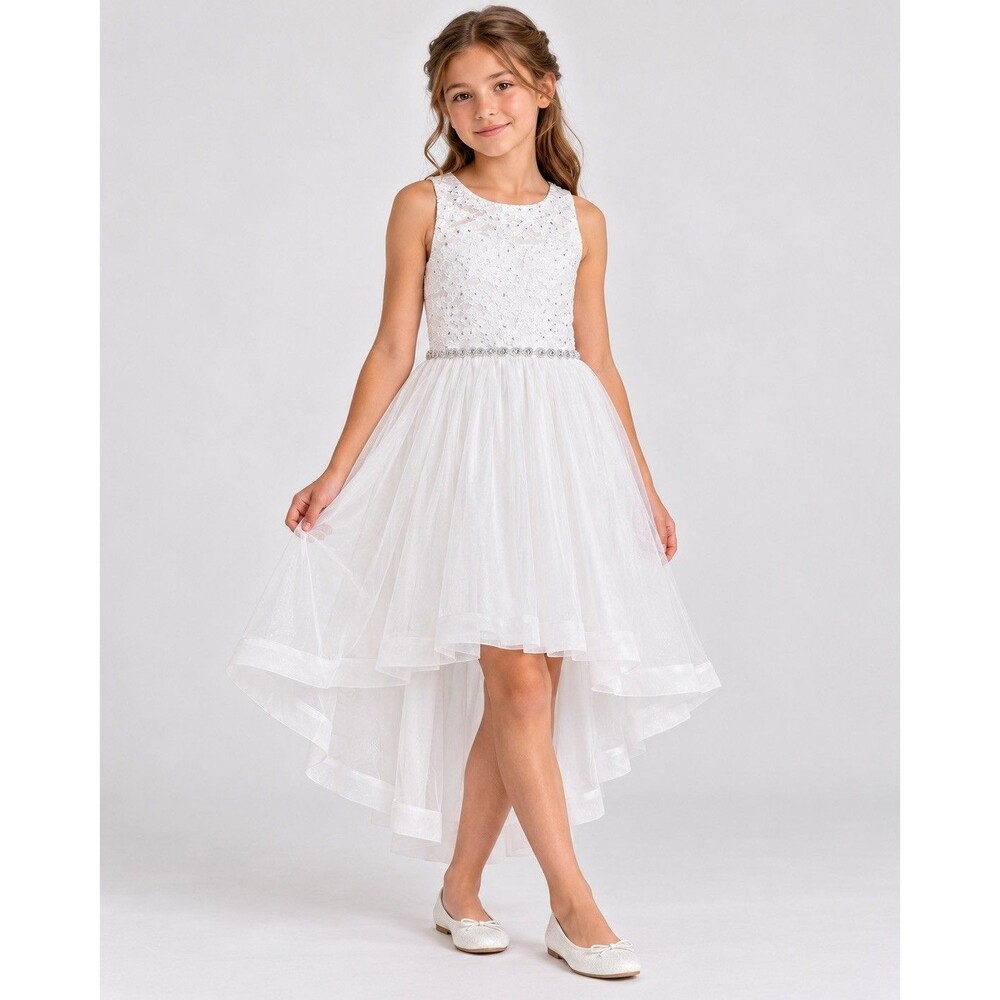 Speechless Girls Size 10 White Lace Hi-Low Fit & Flare Dress Sleeveless Beaded